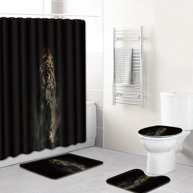 tiger Print Shower Curtain 4 Piece Carpet Cover Toilet Cover Bath Mat Pad Set Bathroom Curtain 12 Hooks
