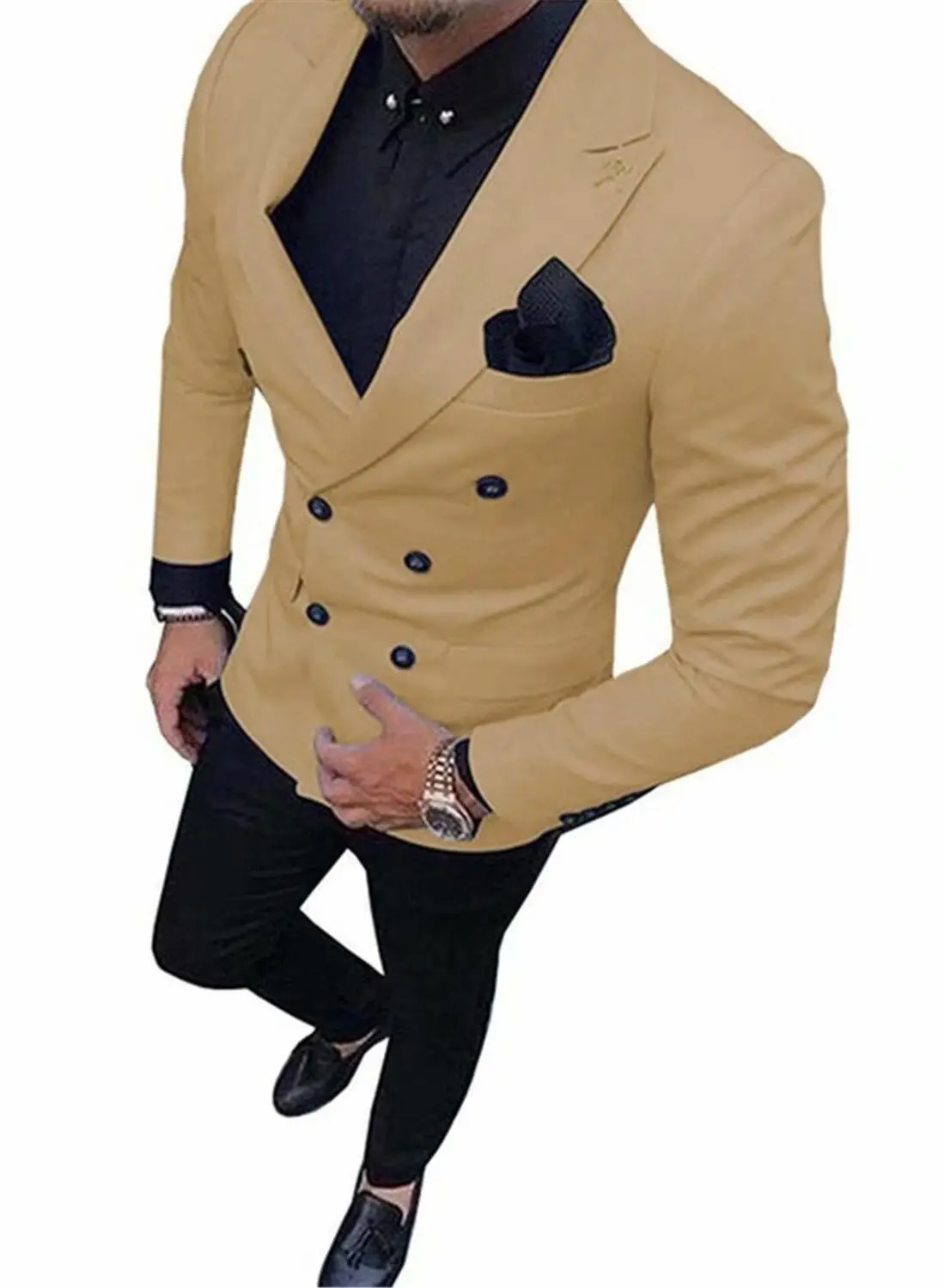 Khaki Новинка, зеленый мужской костюм, двубортный костюм из 2 предметов, блейзер с отворотом, пиджак, смокинг и брюки для свадьбы, вечерние - Цвет: Khaki