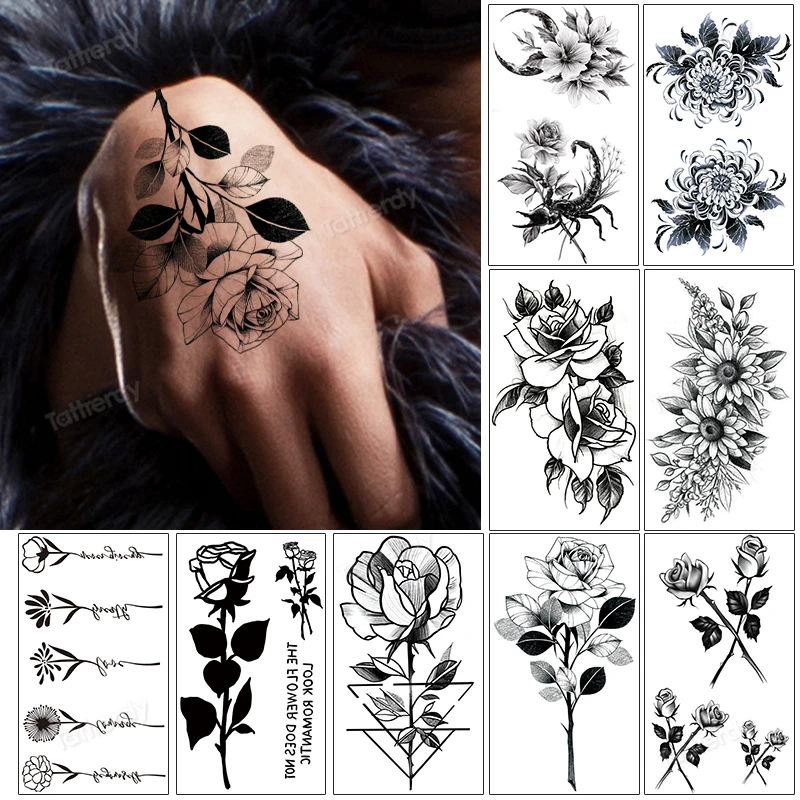 Hand Rose Tattoo Small Plant Flowers Black Henna Fake Tattoo Sticker Women Men Body Art Arm Sleeve Wrist Temporary Tattoos Water Temporary Tattoos Aliexpress