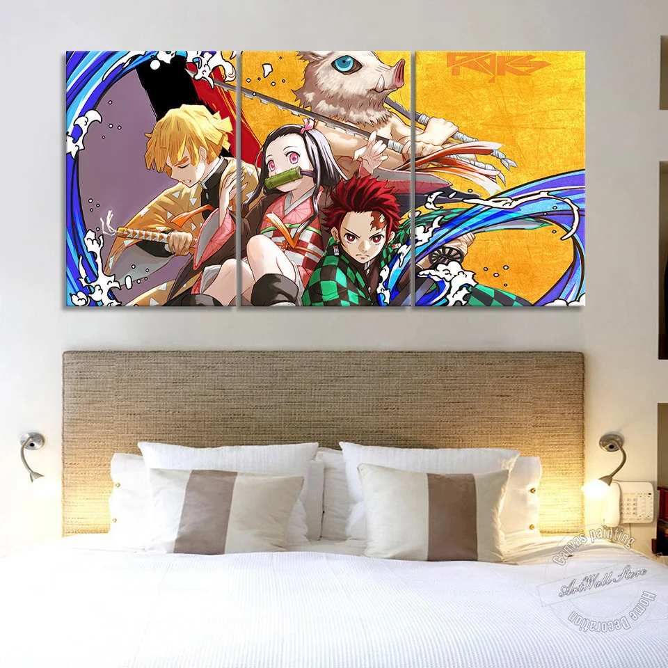 Unframed 3 Piece Kimetsu No Yaiba Tanjiro Nezuko Zenitsu Inosuke Anime Poster Canvas Art Wall Picture for Living Room Decor Gift