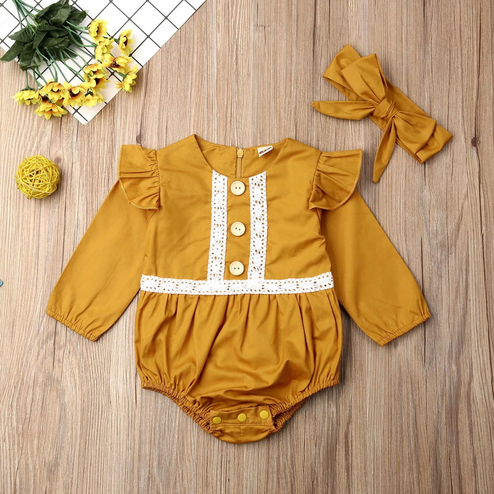 Brand New Baby Set Newborn Infant Baby Girl Solid Lace Romper Jumpsuit Autumn Bow Headband Button Long Sleeve Autumn Ruffle