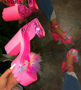 

SANDRA JRR Women Summer Sandals Ultra High Heel Platform Elevator Pumps Sandals Night Club Party Sexy Fur Heels Sandals