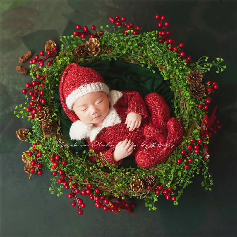 Рождественский наряд для новорожденных; реквизит для фотосессии; комбинезон с капюшоном для маленьких девочек; вязаный мохеровый комбинезон для новорожденных; комплект с шапочкой; реквизит для фотосессии