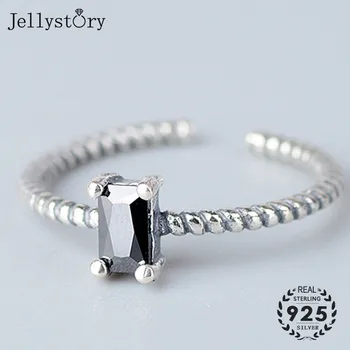

Jellystory Korean Style Adjustable Open Ring 925 Silver Rings with Rectangle Obsidian Gemstones Wedding Engagement Jewelry Gifts