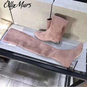 

Luxury Colorful Rhinestone Women Over The Knee Boots Nature Suede Leather Round Toe Low Heels Casual Shoes Women Long Boots 2018