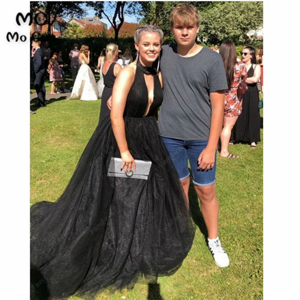 Puffy A-Line Halter Evening Party Dresses Long Prom Gown Backless Tulle Sweep Train Formal Evening Party Dress Custom Made