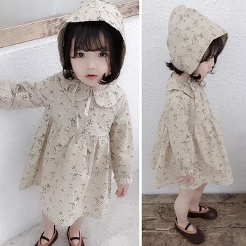 

Spring Simple Loose A-line Dress for Baby Toddler Infant Girls Flower Dress Babies Long-sleeved Dress with Cap Kids Clothes