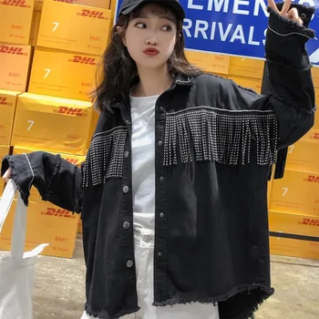 

Women Black Loose Denim Jacket Coat Sequined Tassels Streetwear All-match Metal Covered Button Outerwear