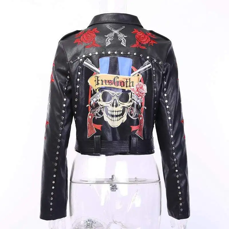 Женская Панк Роза и пистолет вышитые заклепки искусственная кожа куртки с поясом