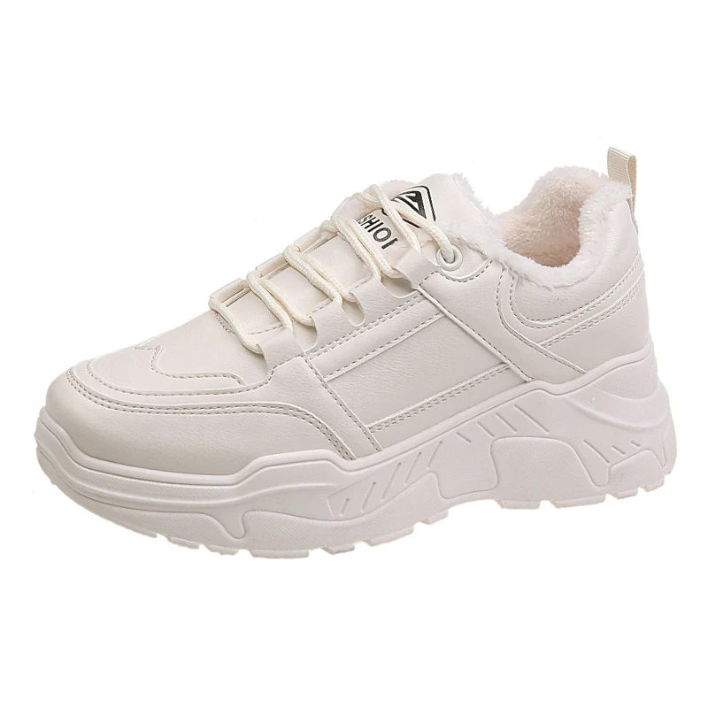 Женская обувь; зимние белые кроссовки; женская модная брендовая обувь на платформе в стиле ретро; женская обувь; дышащие ботинки; кроссовки с бархатом - Цвет: Бежевый