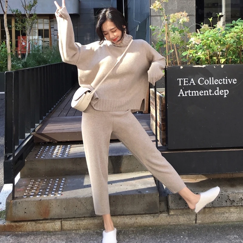

Taotrees Autumn Knitted Set Sweater Pants Knitted 2 Pieces Set Turtleneck Pullovers & Elastic Waist Pants Women Sweater Sets