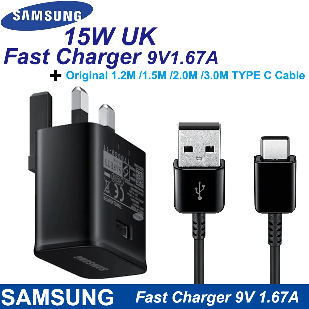 For Samsung S10 S8 S9 Plus UK Fast Charger 15W Travel Adapter 9V1.67A Fast ChargeType-C Cable For Samsung S9 Note10 9 8 A50 A70 charger 65 watt