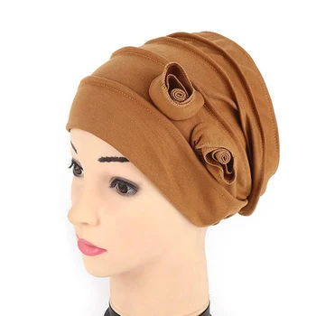 

Two flowers headscarf hat solid cotton inner hijabs muslim headdress Hijab underscarf cap for women turban bonnet femme musulman