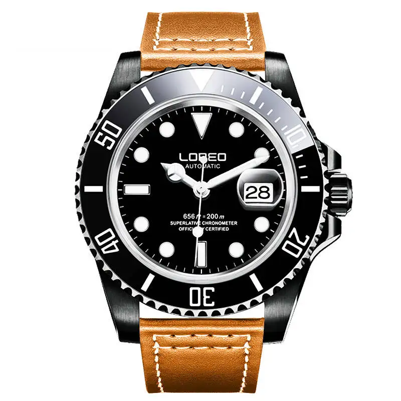 LOREO 9201 Германия yacht oyster perpetual master diver 200M Автоматическая самопродуваемая Сапфировая шина светящаяся нержавеющая сталь - Цвет: Yellow leather