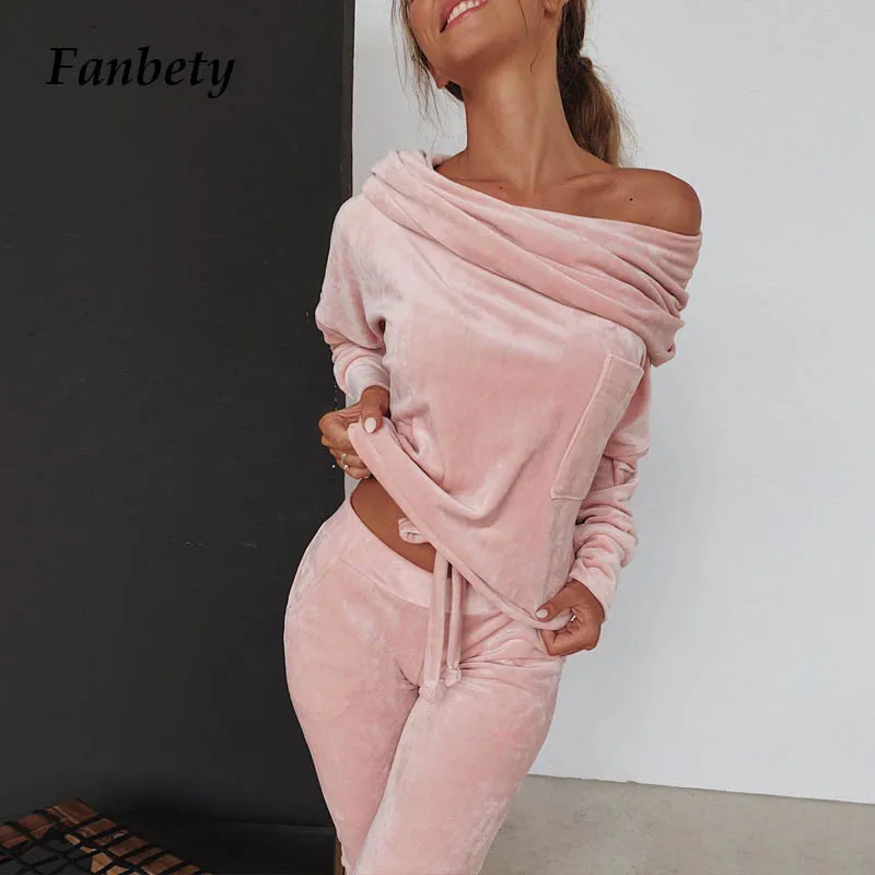 

Womens Winter Slash Neck Velvet Tracksuits set 2019 Lady Autumn solid off shoulder pullovers+ Long Pants Two Piece Sets Outfits