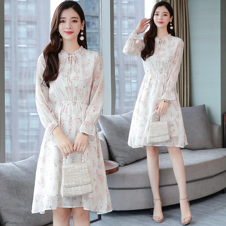 

2019 Autumn Clothing New Style Korean-style Slim Fit Slimming Fairy Immortal Sweet MORI Series Floral-Print Hipster Dress