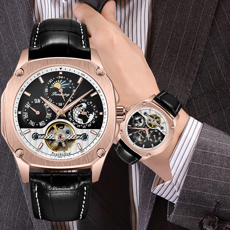 

FORSINING rose gold dial mechanical men's watch men's luminous waterproof moon phase watch fashion casual male clock