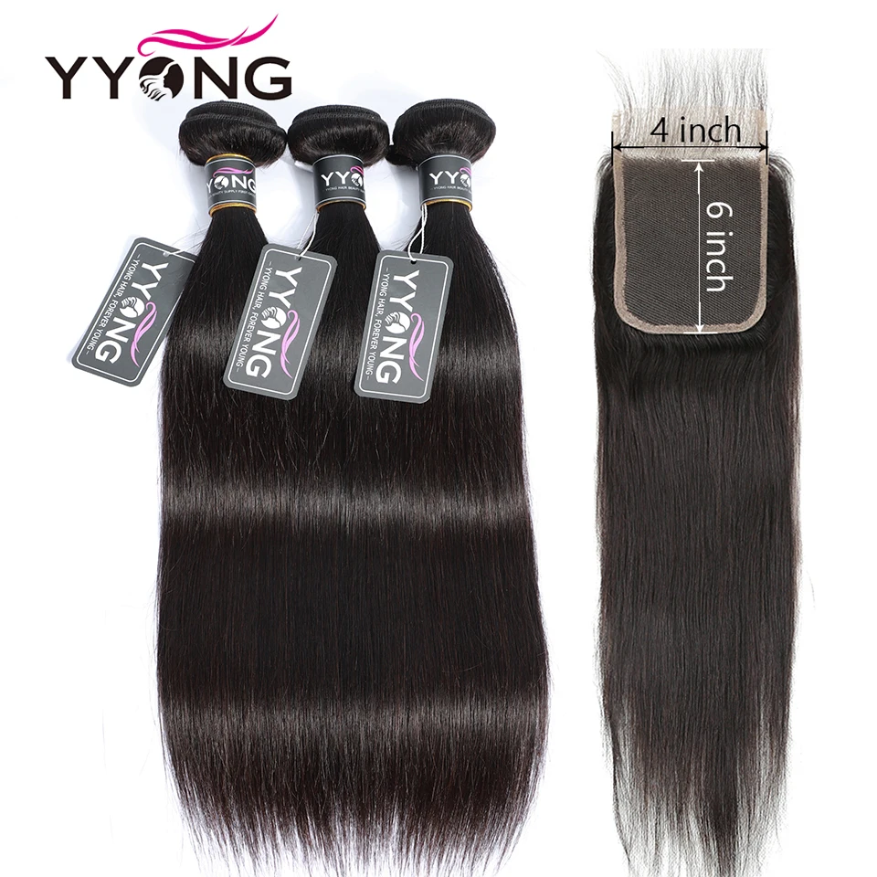 

Yyong Hair Store 4x6 Closure With Bundles Brazilian Straight 3/4 Bundles With Closure Non Remy Human Hair Bundles With Closure