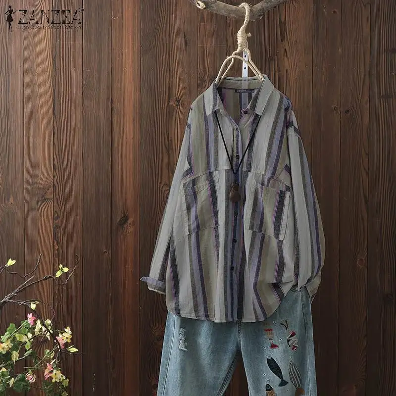 ZANZEA Women Cotton Linen Shirt Casual Buttons Down Womens Tops and Blouses Vintage Stripe Printed Blusas Work Tunic Blusas