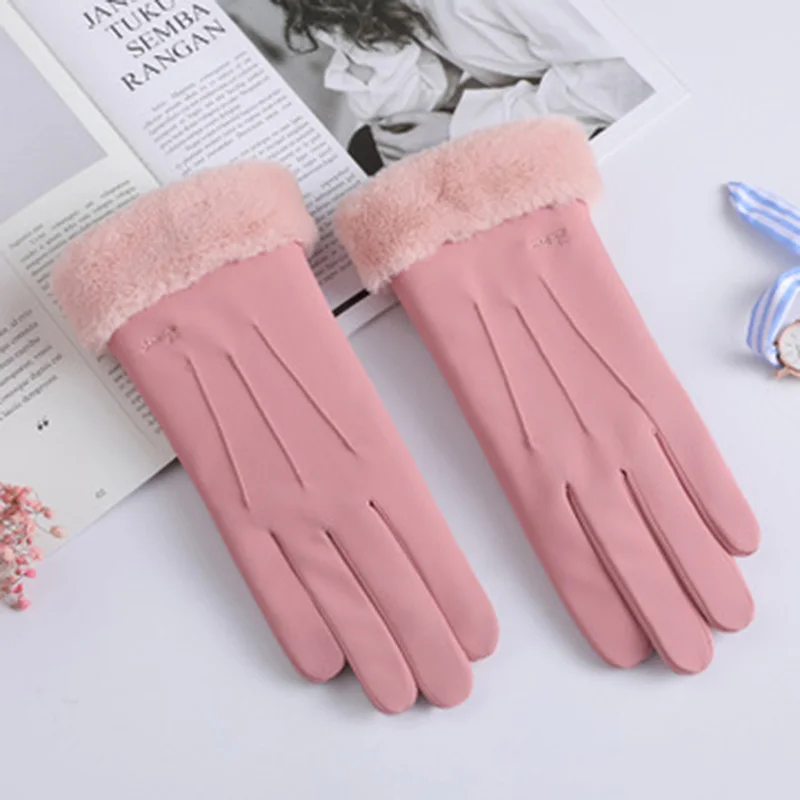 Зимние женские перчатки с бантом, женские зимние перчатки с сенсорным экраном, теплые перчатки, ветрозащитные замшевые Утепленные перчатки для езды на велосипеде, E74 - Цвет: E72 Pink