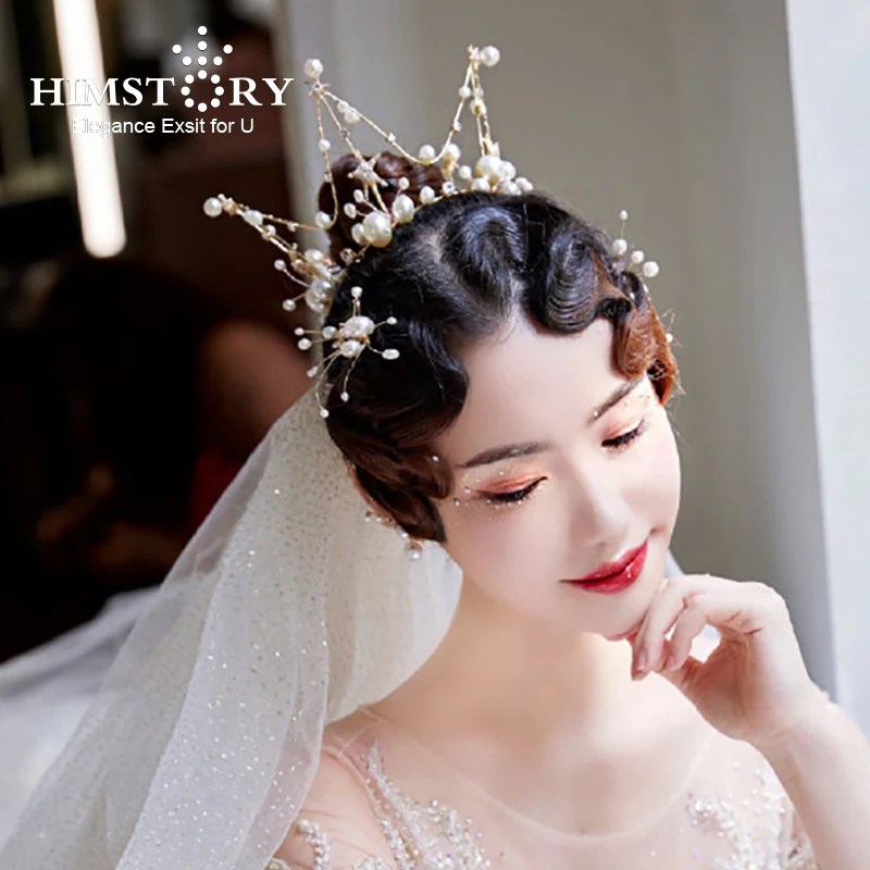 

Himstory Baroque Bride Headwear Crown Round Pearl Cubic Princess Crown Bridal Tiara Wedding Hair Accessories Headpieces