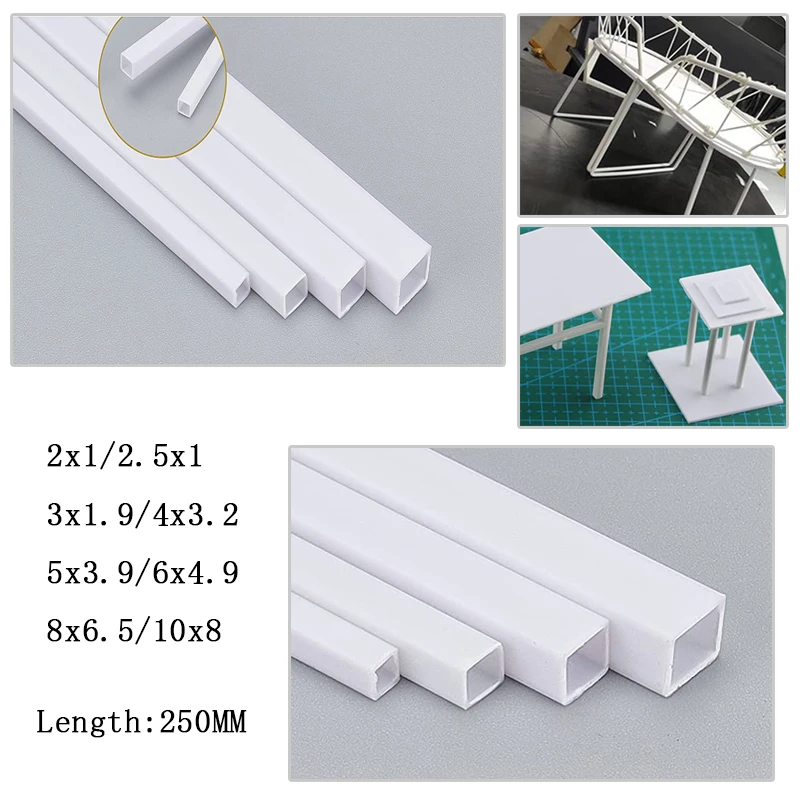 ABS White Plastic Mold Tube Hollow Square 5Pcs 2/2.5/3/4/5/6/8/10mm 250mm Long Building Sand Table Model DIY Materia