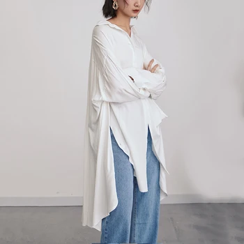 

Loose Women White Asymmetrical Button Big Size Blouse New Lapel Long Sleeve Loose Fit Shirt Fashion Spring Autumn 2020 JR164Q