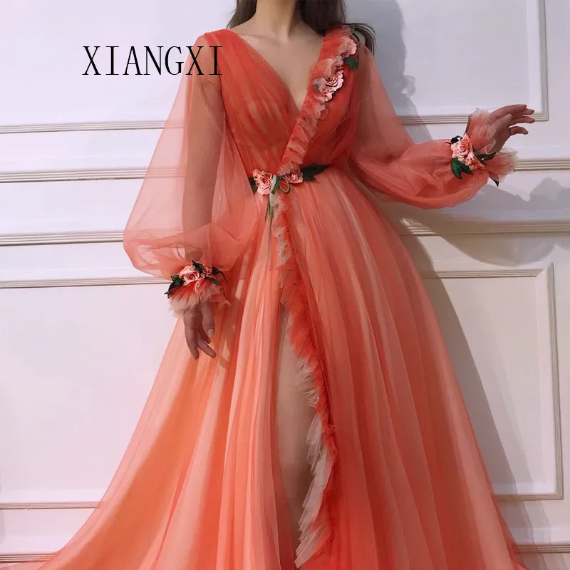 

2019 New Listing Evening Dresses 3D Flower A-Line V-Neck Full Sleeves Long Evening Dress Formal Gowns Prom Dresses Vestidos