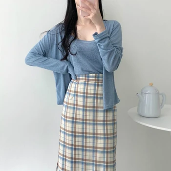 

korea women spring high elastic waist plaid long pencil skirt bodycon side split casual midi skirts