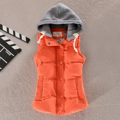 Plus Size 4xl Women Vest Winter Jacket Pocket Hooded Coat Warm Casual Cotton Padded Vest Female Slim Sleeveless Waistcoat - Цвет: orange