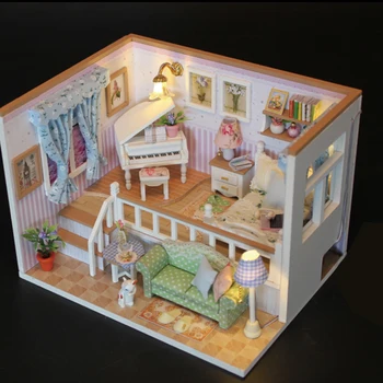 

New DIY Creative Handmade Theme Wooden Cabin Assembly Building Doll House Model Toy Set With Light And Music Dustproof Cover