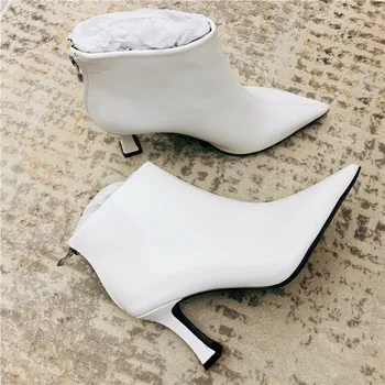 

Free shipping fashion white matt leather point toe ankle high heels boots