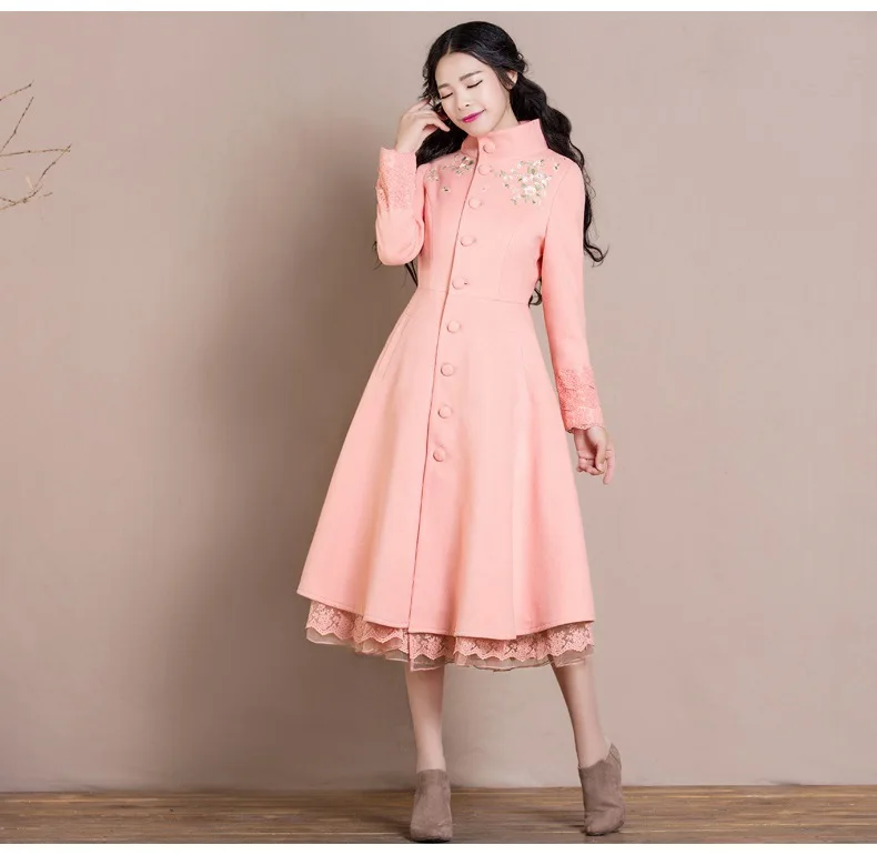TANG Зима Британский стиль принцессы женская вышитая Цветочная Длинная шерстяная смесь пальто леди Тонкий Ретро Сладкий розовый платье пальто