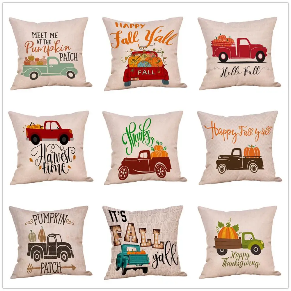 

Thanksgiving 45*45cm Happy Fall Pumpkin Cushion Cover Harvest Throw Pillowcase Linen Cotton Car Autumn Decorative Pillow Covers