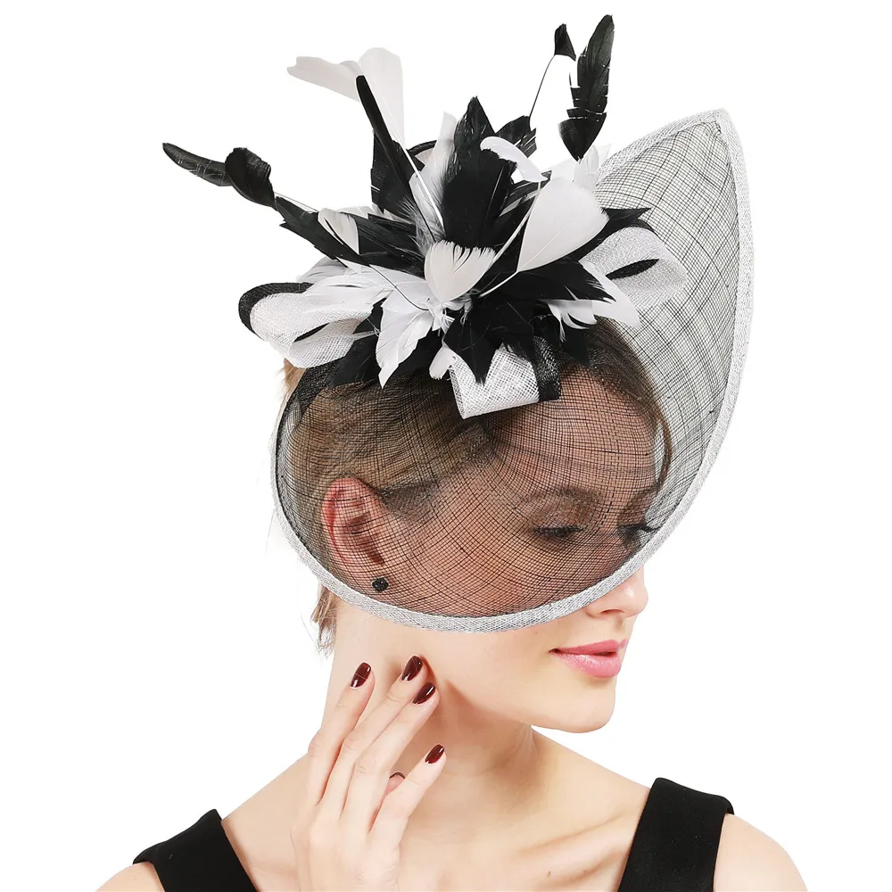 

Fascinators Black more than White Patch Hat For Weddings Dress Women beautiful feather flowers Vintage Ladies Sinamay Base Hats
