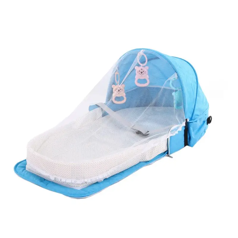 Портативный рюкзак кровать с игрушками для ребенка складная детская кровать путешествия Защита от солнца москитная сетка дышащая детская корзина для сна - Цвет: Blue