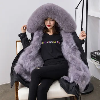 

Real Fur overCoats Winter parka jacket Women s long Waterproof fox fur collar linner tailored thick Warm 2019 grey free ship