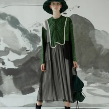Осень Зима Новая коллекция пряжа окрашенная Лоскутная с длинным рукавом миди тюль платье для женщин