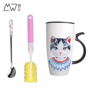 Большой емкости керамическая чашка милый кот мультфильм кружка с крышкой с ложкой Женская Студенческая кружка, Офисная кружка кофе чашки стаканчики и - Цвет: 600ML set