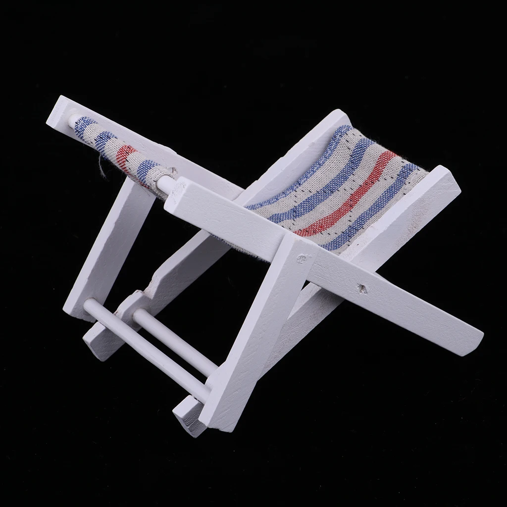 1:6 Miniature Folding Wooden Beach Sunbath Chair Deck Chair Mini Furniture for Indoor Outdoor Decor (Blue Stripe)