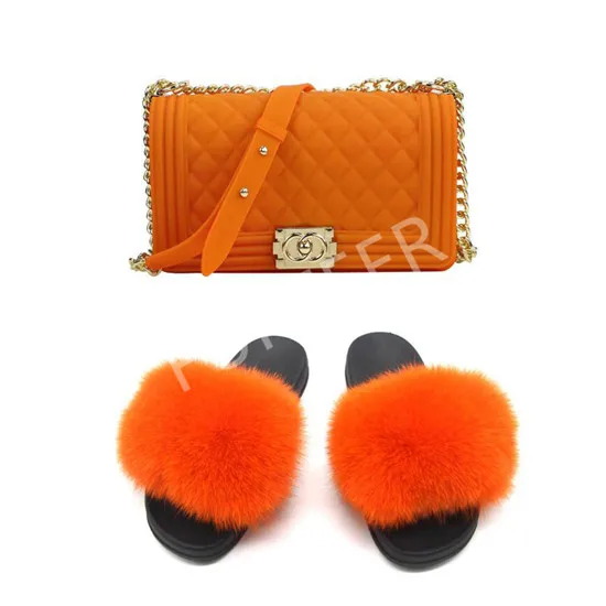 Shoe bag set33 Женские летние сандалии с мехом; модные туфли с квадратной цепочкой; женские шлепанцы с натуральным лисьим мехом; сумки через плечо - Цвет: Shoe bag set33