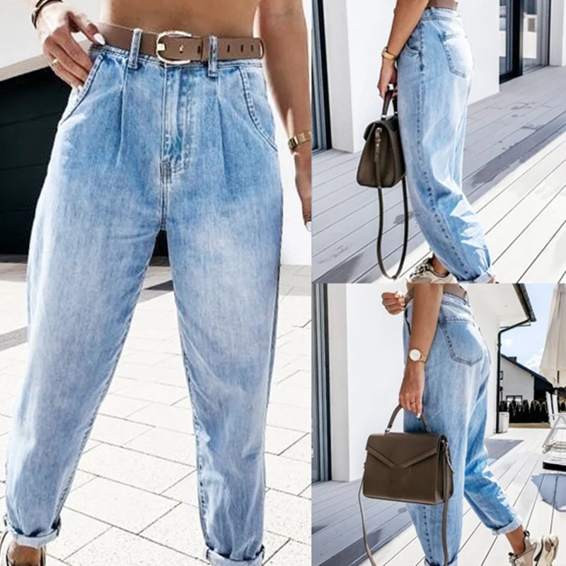 

Women Full Length Pants Jeans High Waist Washed Jeans Pockets Bleached Fashion Casual Trousers