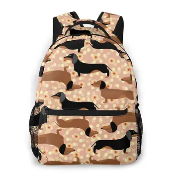 

School Bags for Teenage Boys Baby Cartoon School Bag Boy Seamless Dachshunds On Floral Backpack