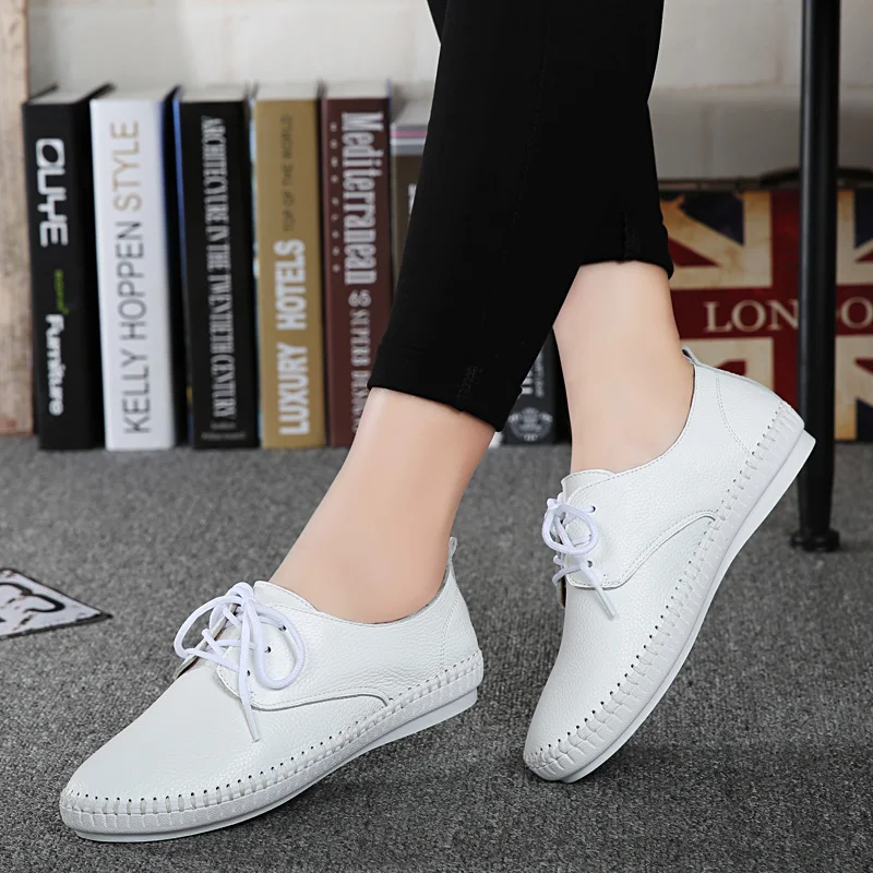 Summer Leather Shoes Flat Platform Casual Ladies Shoes Low Heel Comfortable Women Shoes Black Big Size