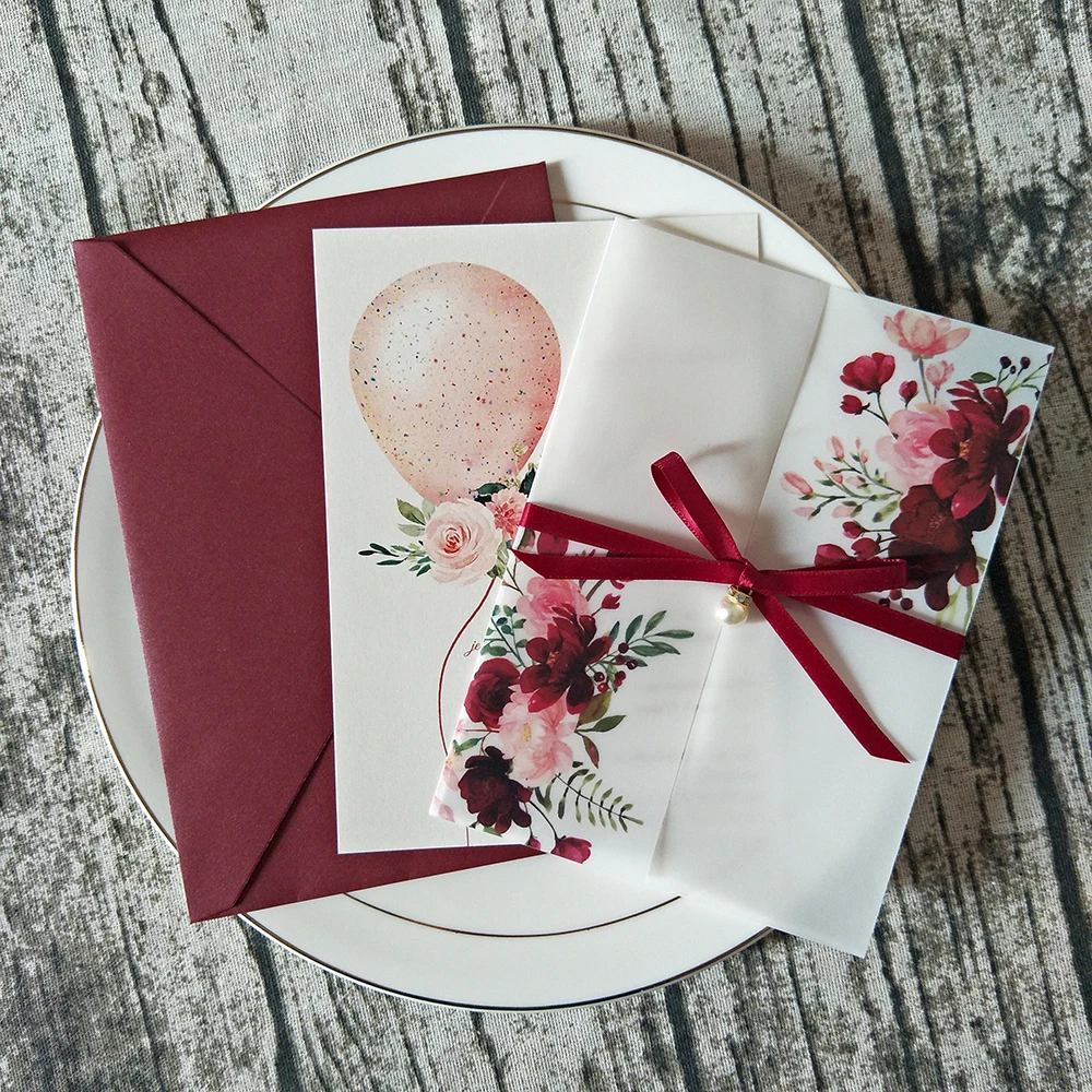 Burgundy Floral Wedding Invited Vellum Paper Wrap with Handmade Paper