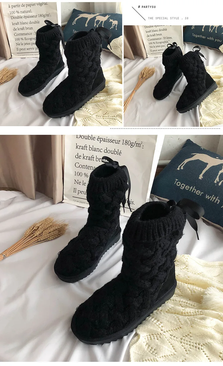 Winter2019Round-headed зимние сапоги; женские вязаные шерстяные сапоги средней длины с бархатной подошвой; нескользящая теплая хлопковая обувь