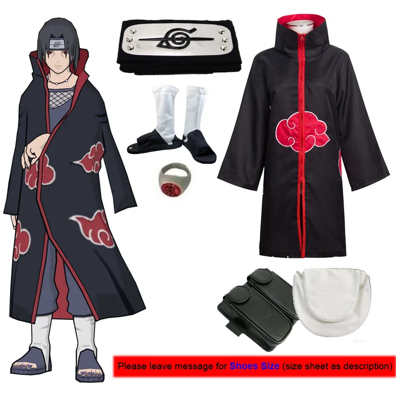 

Japan Anime Ninja Cosplay Costumes Akatsuki Itachi Deidara Tobi Hidan Pein Sasori Cloaks with Weapons + Shoes for Halloween