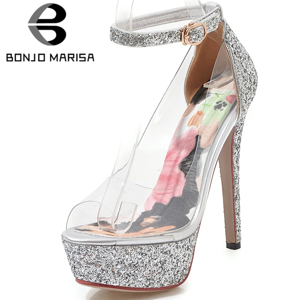 

BONJOMARISA New Ladies Sexy Transparent PVC Sandals Summer Party Glitters Sandals Women High Heels Platform Shoes Woman