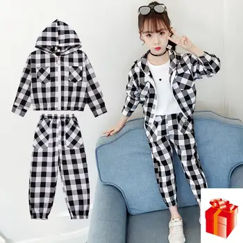 

Kids Sets Spring and Autumn Explosions Girls Clothing Hooded Long-sleeve Plaid Blouses +long Pants Two-piece 3 5 7 9 11 Year Old