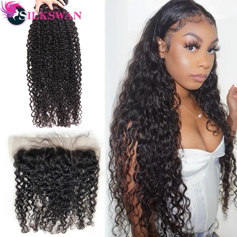 

Bundles with Frontal 13*4 Ear to Ear Closure Silkswan Remy Hair Peruvian Water Wave Hair Double Weft Human Hair Extensions